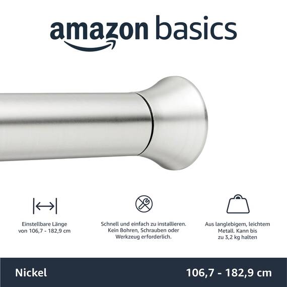 Amazon Basics Verstellbare Duschvorhang-Spannstange, 107 bis 185 cm, Nickel