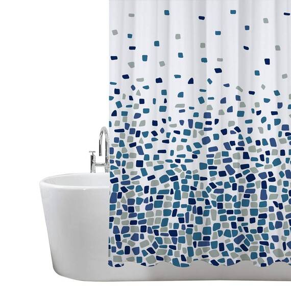 ANSIO Duschvorhang - 180 x 200 cm (71 x 71 Zoll) - Mosaik Gemustert - Blau, Badewanne Vorhang, Antischimmel & Waschbar Shower Curtain mit 12 Duschvorhängeringen | 100% Polyester