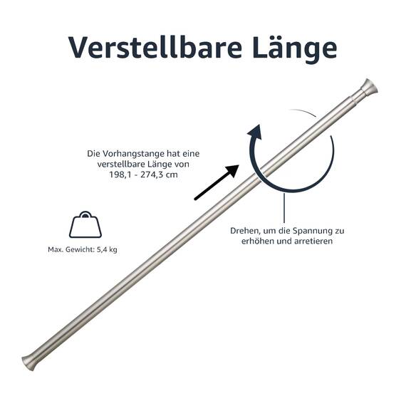 Amazon Basics Verstellbare Duschvorhang-Spannstange, 198 bis 274 cm, Nickel