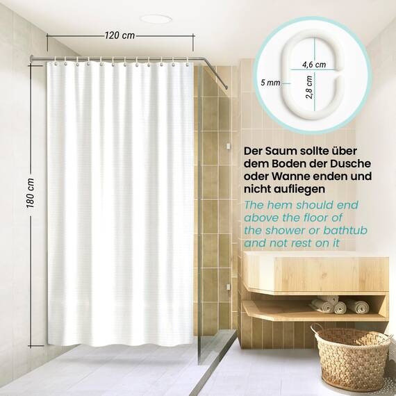 arteneur® - Premium Duschvorhang 120x180 – Antischimmel Duschvorhang Weiß mit Struktur-Stoff, Blickdicht, Wasserdicht, Waschbar & inkl. E-Book & Ringe (Schnee Weiß)