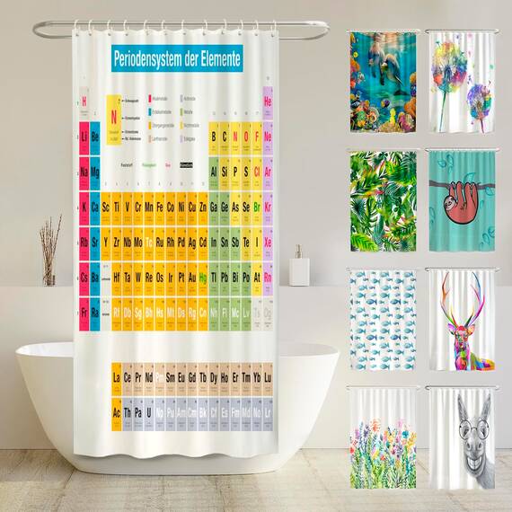 arteneur® - Periodensystem Deutsch - Anti-Schimmel Duschvorhang 120x180 - Recycelt mit Öko-Tex Standard 100 - Beschwerter Saum, Blickdicht, Wasserdicht, Waschbar, 8 Ringe & E-Book