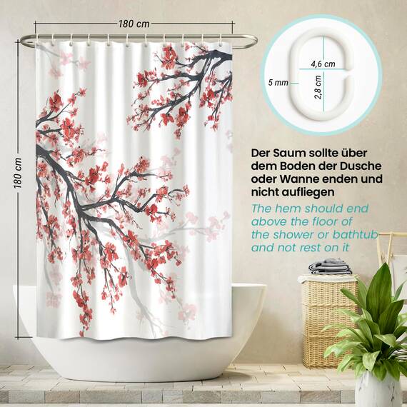arteneur® - Kirschblüte - Anti-Schimmel Duschvorhang 180x180 - Recycelt mit Öko-Tex Standard 100 - Beschwerter Saum, Blickdicht, Wasserdicht, Waschbar, 12 Ringe