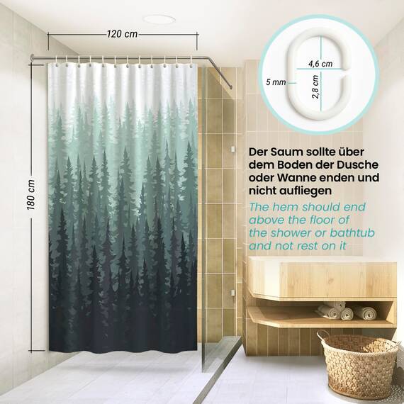 arteneur® - Tannenwald - Anti-Schimmel Duschvorhang 120x180 - Recycelt mit Öko-Tex Standard 100 - Beschwerter Saum, Blickdicht, Wasserdicht, Waschbar, 8 Ringe & E-Book