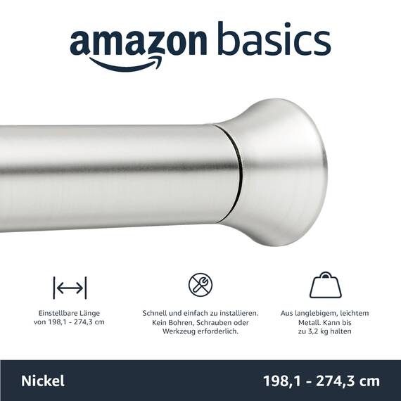 Amazon Basics Verstellbare Duschvorhang-Spannstange, 198 bis 274 cm, Nickel
