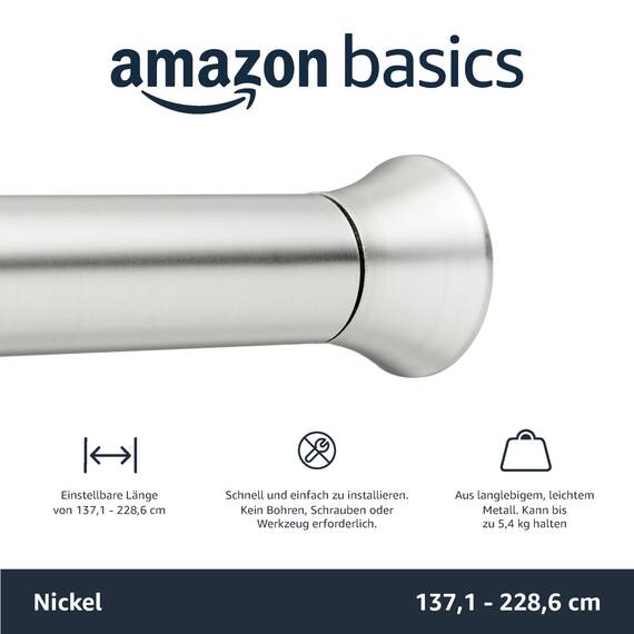 Amazon Basics Verstellbare Duschvorhang-Spannstange, 137 bis 229 cm, Nickel