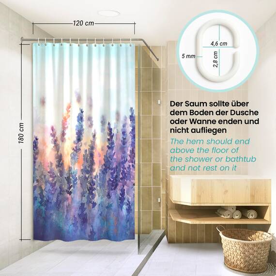 arteneur® - Lavendel - Anti-Schimmel Duschvorhang 120x180 - Recycelt mit Öko-Tex Standard 100 - Beschwerter Saum, Blickdicht, Wasserdicht, Waschbar, 8 Ringe & E-Book