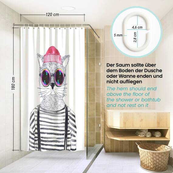 arteneur® - Hipster Katze aus Berlin - Anti-Schimmel Duschvorhang 120x180 - Recycelt mit Öko-Tex Standard 100 - Beschwerter Saum, Blickdicht, Wasserdicht, Waschbar, 8 Ringe & E-Book