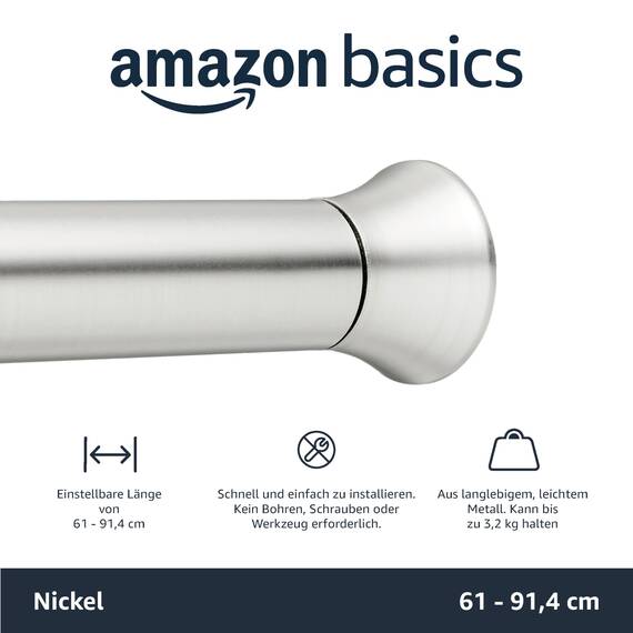 Amazon Basics Verstellbare Duschvorhang-Spannstange, 61 bis 91 cm, Nickel