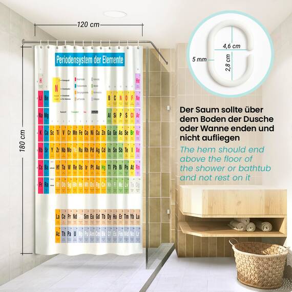 arteneur® - Periodensystem Deutsch - Anti-Schimmel Duschvorhang 120x180 - Recycelt mit Öko-Tex Standard 100 - Beschwerter Saum, Blickdicht, Wasserdicht, Waschbar, 8 Ringe & E-Book