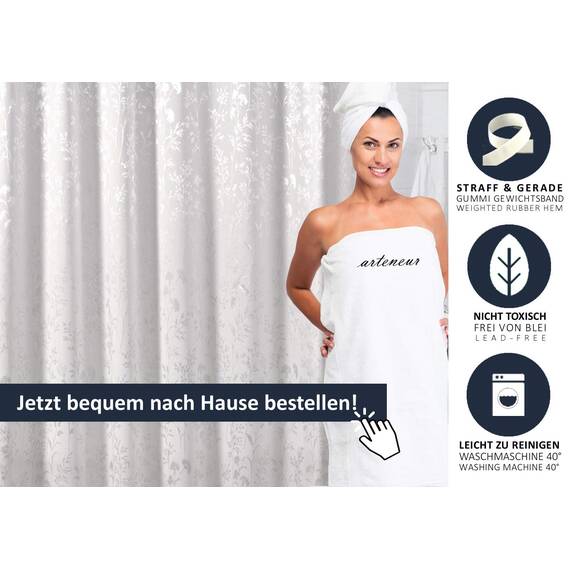 arteneur® - Weiß mit Silber-Ornamenten - Anti-Schimmel Duschvorhang 120x180 mit Öko-Tex Standard 100 - Beschwerter Saum, Blickdicht, Wasserdicht, Waschbar, 8 Ringe & E-Book