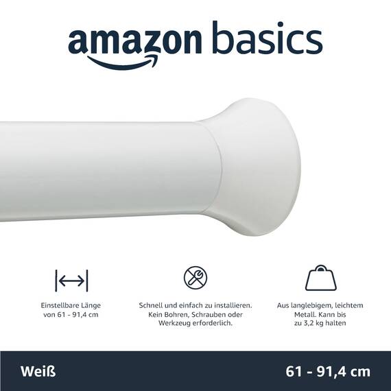 Amazon Basics Verstellbare Duschvorhang-Spannstange, 61 bis 91 cm, Weiß