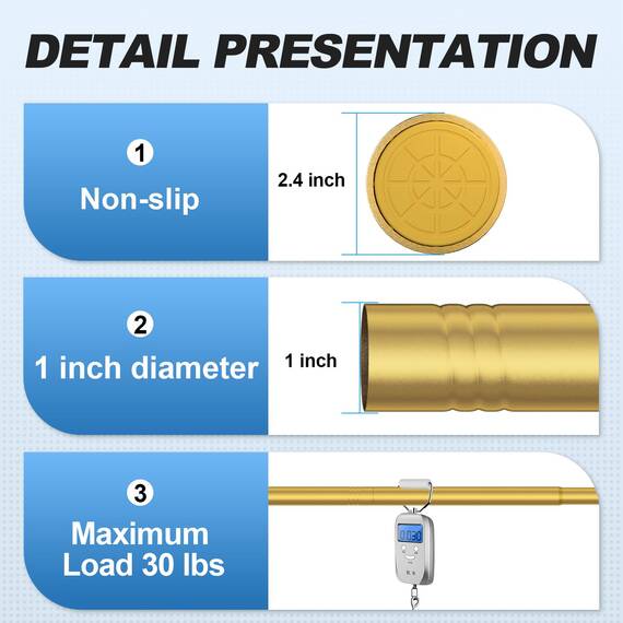 CorkLatta Goldfarbene Duschvorhangstange, 78,9 bis 277,2 cm, 2,5 cm Durchmesser, verstellbare Federspannung, Gardinenstange, kein Bohren, Edelstahl-Teleskopstange, kein Rost