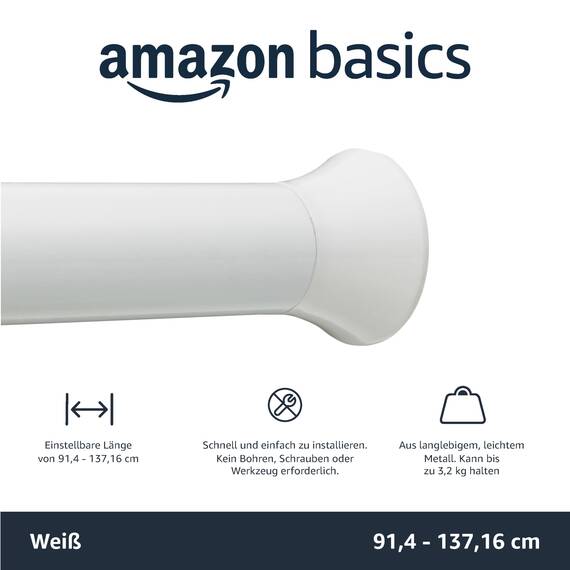 Amazon Basics Verstellbare Duschvorhang-Spannstange, 91 bis 137 cm, Weiß