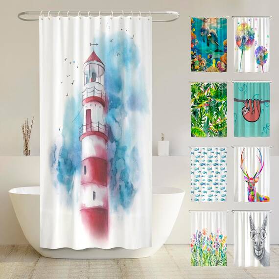 arteneur® - Leuchtturm - Anti-Schimmel Duschvorhang 120x180 - Recycelt mit Öko-Tex Standard 100 - Beschwerter Saum, Blickdicht, Wasserdicht, Waschbar, 8 Ringe & E-Book