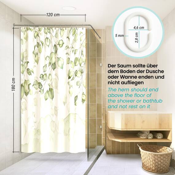 arteneur® - Hängende Blätter - Anti-Schimmel Duschvorhang 120x180 - Recycelt mit Öko-Tex Standard 100 - Beschwerter Saum, Blickdicht, Wasserdicht, Waschbar, 8 Ringe & E-Book