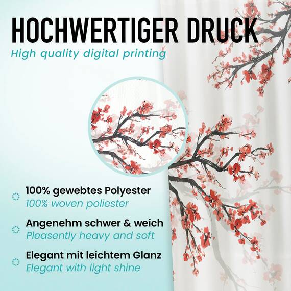 arteneur® - Kirschblüte - Anti-Schimmel Duschvorhang 180x180 - Recycelt mit Öko-Tex Standard 100 - Beschwerter Saum, Blickdicht, Wasserdicht, Waschbar, 12 Ringe