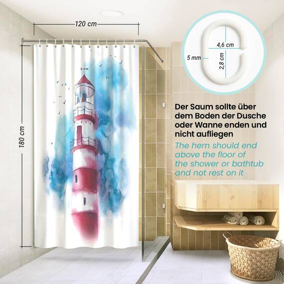 arteneur® - Leuchtturm - Anti-Schimmel Duschvorhang 120x180 - Recycelt mit Öko-Tex Standard 100 - Beschwerter Saum, Blickdicht, Wasserdicht, Waschbar, 8 Ringe & E-Book