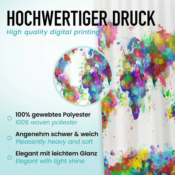 arteneur® - Weltkarte - Anti-Schimmel Duschvorhang 120x180 - Recycelt mit Öko-Tex Standard 100 - Beschwerter Saum, Blickdicht, Wasserdicht, Waschbar, 8 Ringe & E-Book
