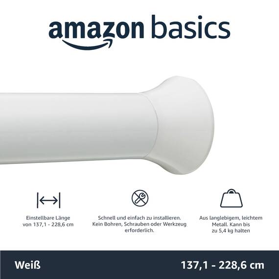 Amazon Basics Verstellbare Duschvorhang-Spannstange, 137 bis 229 cm, Weiß
