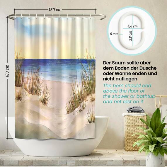 arteneur® - Meeresküste - Anti-Schimmel Duschvorhang 180x180 - Recycelt mit Öko-Tex Standard 100 - Beschwerter Saum, Blickdicht, Wasserdicht, Waschbar, 12 Ringe
