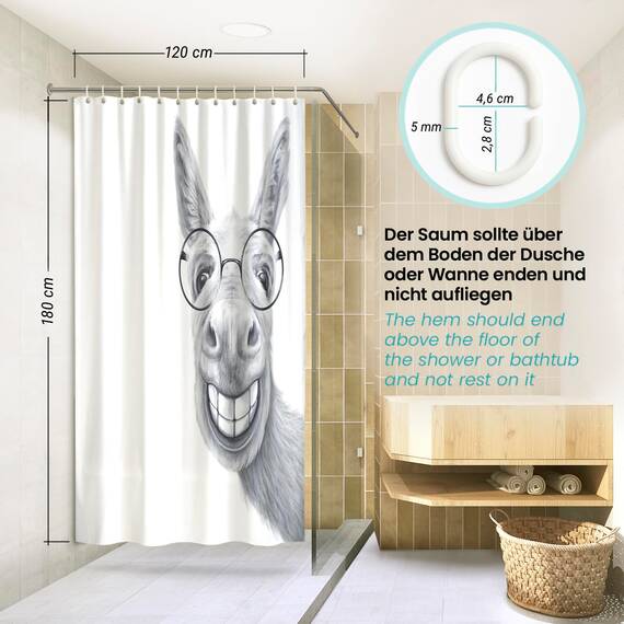 arteneur® - Esel - Anti-Schimmel Duschvorhang 120x180 - Recycelt mit Öko-Tex Standard 100 - Beschwerter Saum, Blickdicht, Wasserdicht, Waschbar, 8 Ringe & E-Book