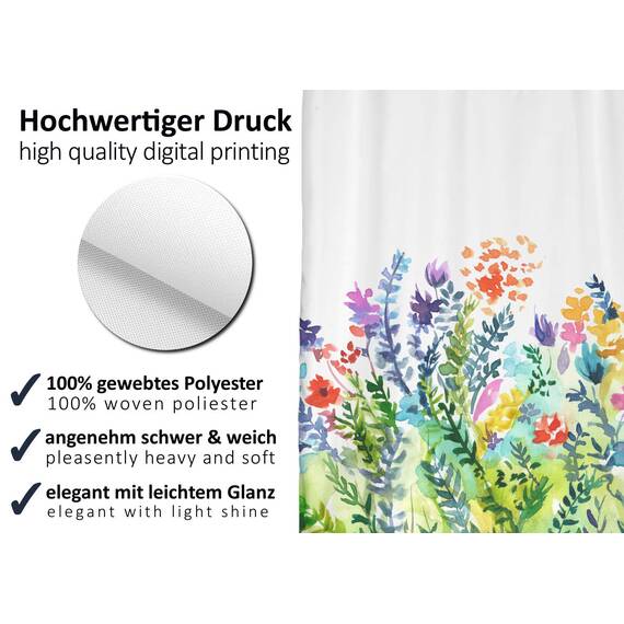 arteneur® - Bunte Blumen - Anti-Schimmel Duschvorhang 120x180 - Recycelt mit Öko-Tex Standard 100 - Beschwerter Saum, Blickdicht, Wasserdicht, Waschbar, 8 Ringe & E-Book