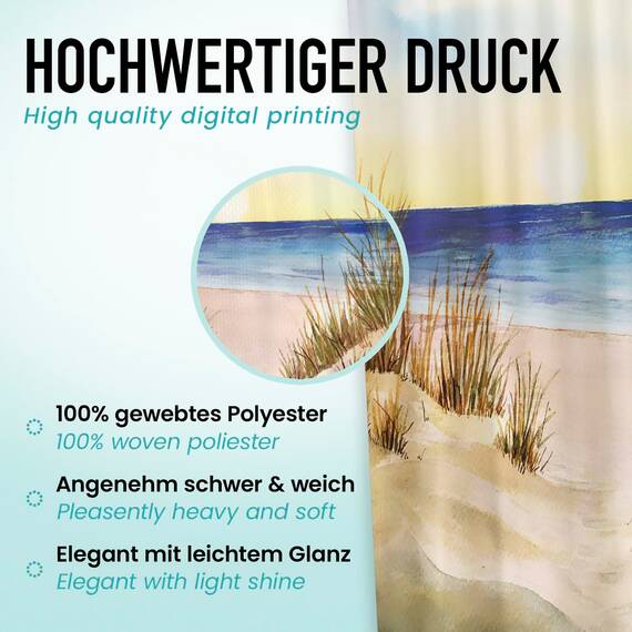 arteneur® - Meeresküste - Anti-Schimmel Duschvorhang 180x180 - Recycelt mit Öko-Tex Standard 100 - Beschwerter Saum, Blickdicht, Wasserdicht, Waschbar, 12 Ringe