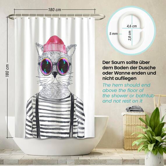 arteneur® - Hipster Katze Berlin - Anti-Schimmel Duschvorhang 180x180 - Recycelt mit Öko-Tex Standard 100 - Beschwerter Saum, Blickdicht, Wasserdicht, Waschbar, 12 Ringe & E-Book