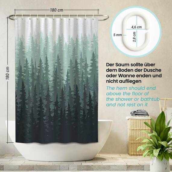 arteneur® - Tannenwald - Anti-Schimmel Duschvorhang 180x180 - Recycelt mit Öko-Tex Standard 100 - Beschwerter Saum, Blickdicht, Wasserdicht, Waschbar, 12 Ringe & E-Book