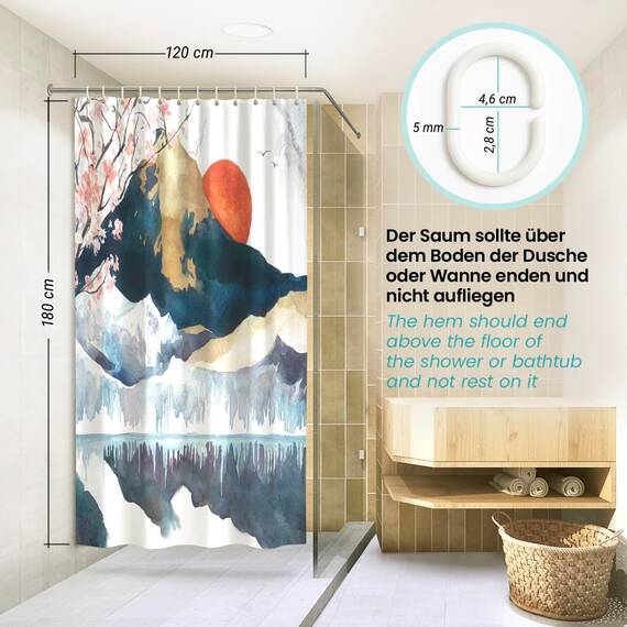 arteneur® - Japan - Anti-Schimmel Duschvorhang 120x180 - Recycelt mit Öko-Tex Standard 100 - Beschwerter Saum, Blickdicht, Wasserdicht, Waschbar, 8 Ringe & E-Book