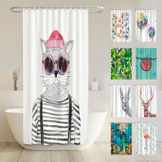arteneur® - Hipster Katze aus Berlin - Anti-Schimmel Duschvorhang 120x180 - Recycelt mit Öko-Tex Standard 100 - Beschwerter Saum, Blickdicht, Wasserdicht, Waschbar, 8 Ringe & E-Book