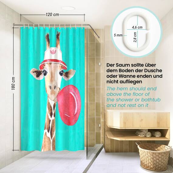 arteneur® - Giraffe - Anti-Schimmel Duschvorhang 120x180 - Recycelt mit Öko-Tex Standard 100 - Beschwerter Saum, Blickdicht, Wasserdicht, Waschbar, 8 Ringe & E-Book