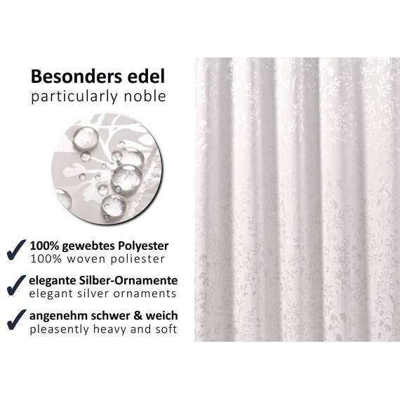 arteneur® - Weiß mit Silber-Ornamenten - Anti-Schimmel Duschvorhang 120x180 mit Öko-Tex Standard 100 - Beschwerter Saum, Blickdicht, Wasserdicht, Waschbar, 8 Ringe & E-Book