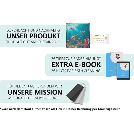 arteneur® - Meeres Schildkröten - Anti-Schimmel Duschvorhang - Recycelt 180x180 mit Öko-Tex Standard 100 - Beschwerter Saum, Blickdicht, Wasserdicht, Waschbar, 12 Ringe & E-Book mit Reinigungs-Tipps