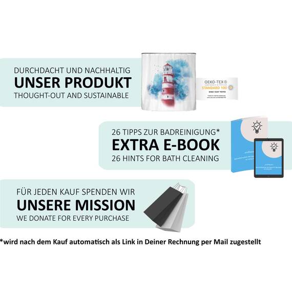 arteneur® - Leuchtturm - Anti-Schimmel Duschvorhang 150x200 - Recycelt mit Öko-Tex Standard 100 - Beschwerter Saum, Blickdicht, Wasserdicht, Waschbar, 10 Ringe & E-Book