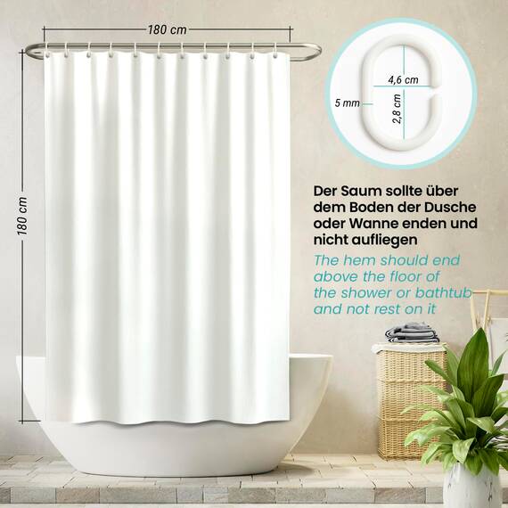 arteneur® - Duschvorhang Weiss - Anti-Schimmel Duschvorhänge 180x180 - Recycelt mit Öko-Tex Standard 100 - Beschwerter Saum, Blickdicht, Wasserdicht, Waschbar, 12 Ringe & E-Book