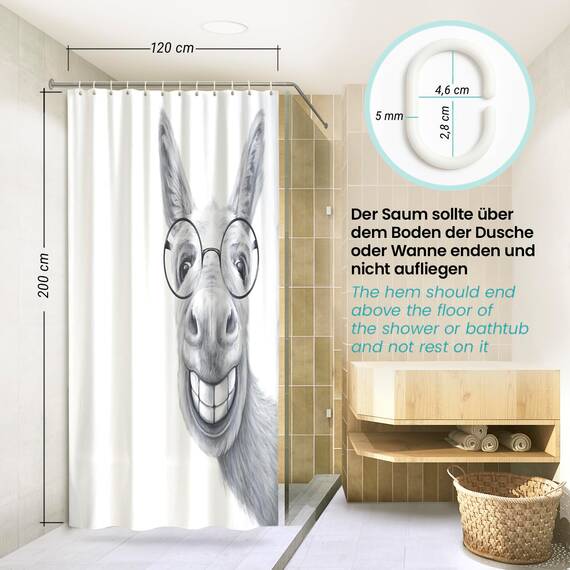 arteneur® - Esel - Anti-Schimmel Duschvorhang 120x200 - Recycelt mit Öko-Tex Standard 100 - Beschwerter Saum, Blickdicht, Wasserdicht, Waschbar, 8 Ringe & E-Book