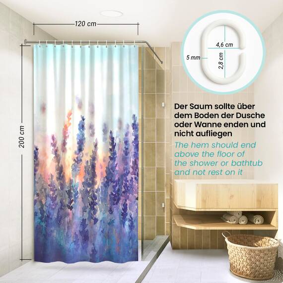 arteneur® - Lavendel - Anti-Schimmel Duschvorhang 120x200 - Recycelt mit Öko-Tex Standard 100 - Beschwerter Saum, Blickdicht, Wasserdicht, Waschbar, 8 Ringe & E-Book