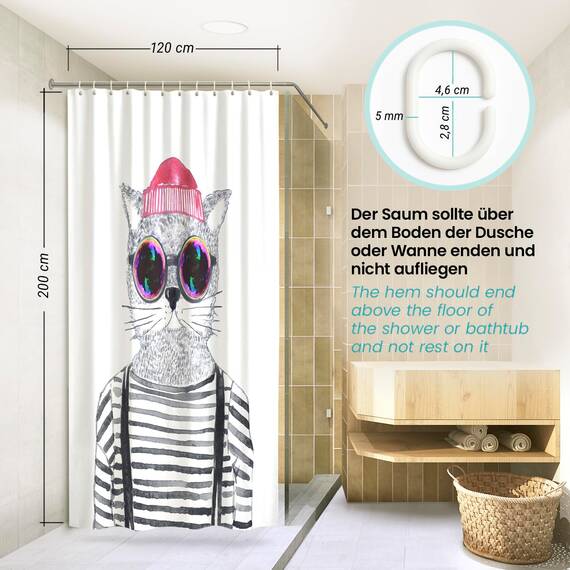 arteneur® - Hipster Katze Berlin - Anti-Schimmel Duschvorhang 120x200 - Recycelt mit Öko-Tex Standard 100 - Beschwerter Saum, Blickdicht, Wasserdicht, Waschbar, 8 Ringe & E-Book mit Reinigungs-Tipps