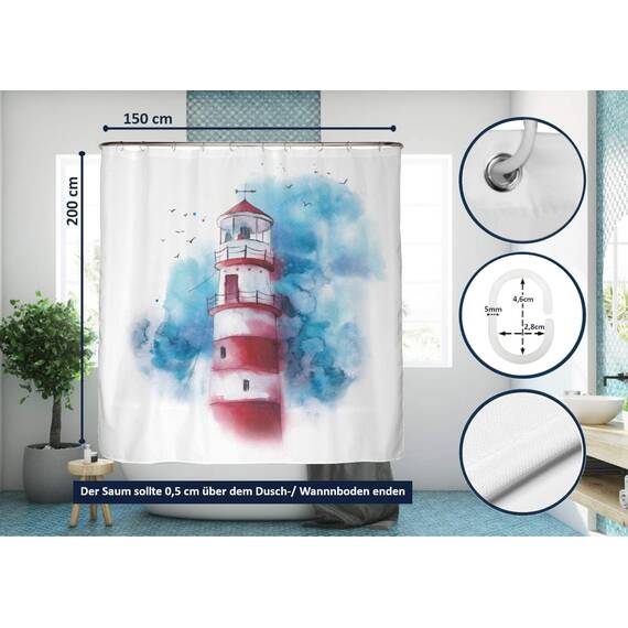 arteneur® - Leuchtturm - Anti-Schimmel Duschvorhang 150x200 - Recycelt mit Öko-Tex Standard 100 - Beschwerter Saum, Blickdicht, Wasserdicht, Waschbar, 10 Ringe & E-Book
