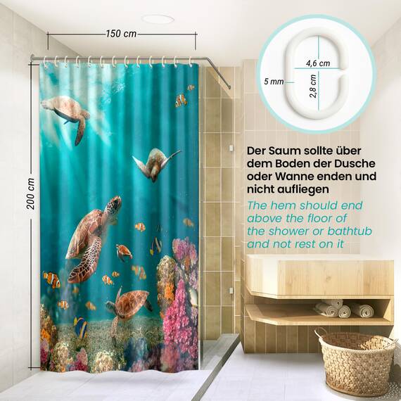 arteneur® - Meeres Schildkröten - Anti-Schimmel Duschvorhang 150x200 - Recycelt mit Öko-Tex Standard 100 - Beschwerter Saum, Blickdicht, Wasserdicht, Waschbar, 10 Ringe & E-Book mit Reinigungs-Tipps