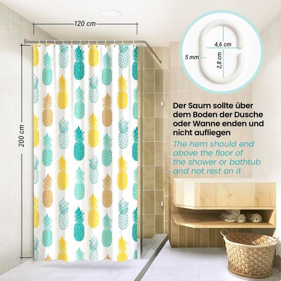 arteneur® - Ananas - Anti-Schimmel Duschvorhang 120x200 - Recycelt mit Öko-Tex Standard 100 - Beschwerter Saum, Blickdicht, Wasserdicht, Waschbar, 8 Haken & E-Book