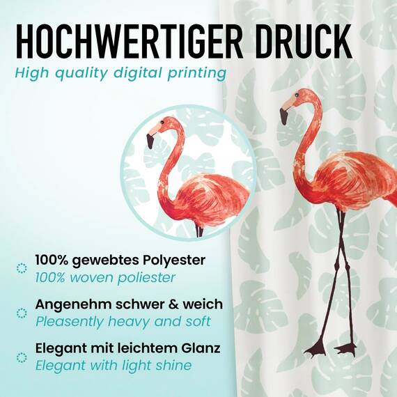 arteneur® - Flamingo - Anti-Schimmel Duschvorhang 120x200 - Recycelt mit Öko-Tex Standard 100 - Beschwerter Saum, Blickdicht, Wasserdicht, Waschbar, 8 Haken & E-Book