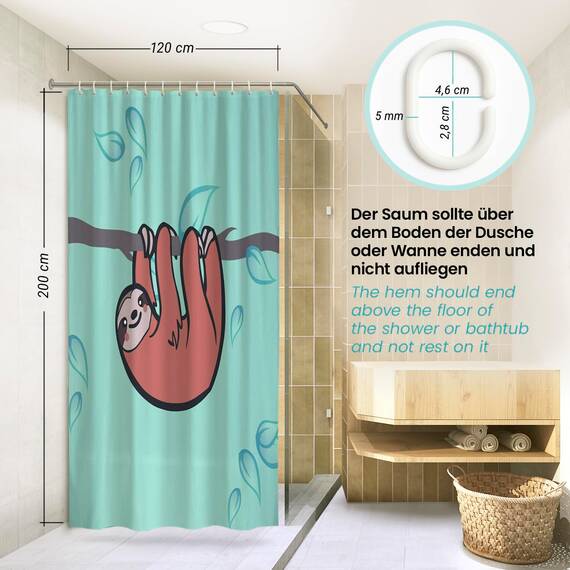 arteneur® - Faultier - Anti-Schimmel Duschvorhang 120x200 - Recycelt mit Öko-Tex Standard 100 - Beschwerter Saum, Blickdicht, Wasserdicht, Waschbar, 8 Haken & E-Book