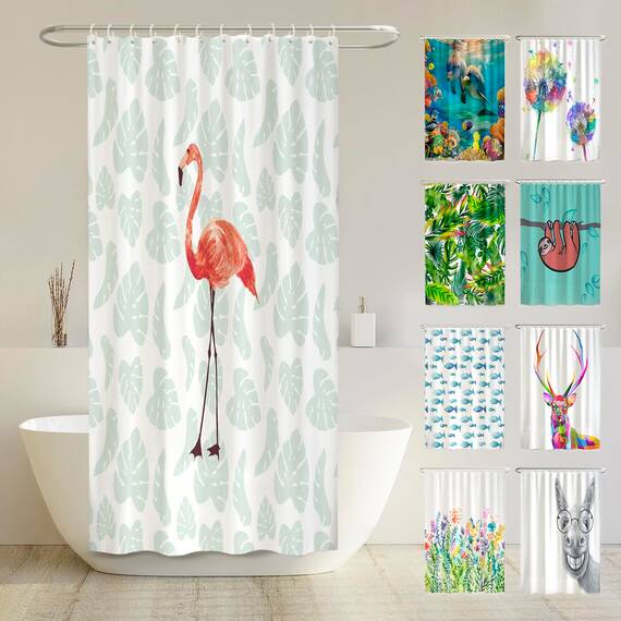 arteneur® - Flamingo - Anti-Schimmel Duschvorhang 120x200 - Recycelt mit Öko-Tex Standard 100 - Beschwerter Saum, Blickdicht, Wasserdicht, Waschbar, 8 Haken & E-Book