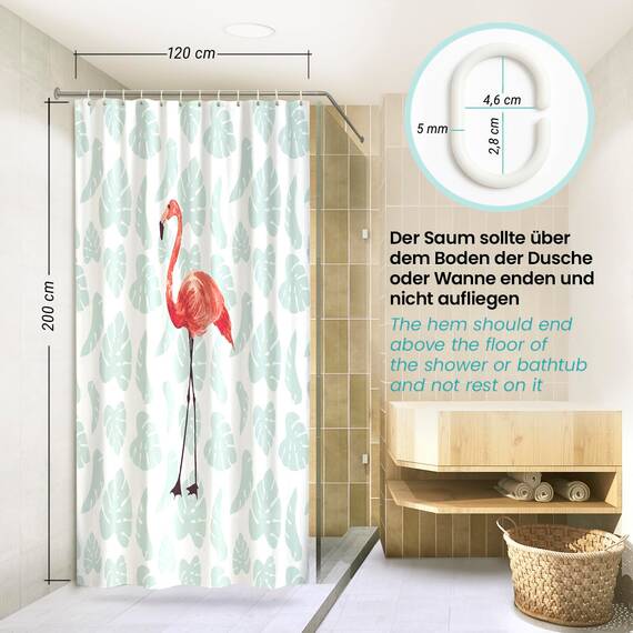 arteneur® - Flamingo - Anti-Schimmel Duschvorhang 120x200 - Recycelt mit Öko-Tex Standard 100 - Beschwerter Saum, Blickdicht, Wasserdicht, Waschbar, 8 Haken & E-Book