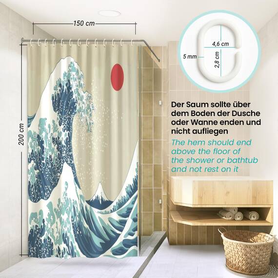 arteneur® - Japan Welle - Anti-Schimmel Duschvorhang 150x200 - Recycelt mit Öko-Tex Standard 100 - Beschwerter Saum, Blickdicht, Wasserdicht, Waschbar, 10 Ringe & E-Book