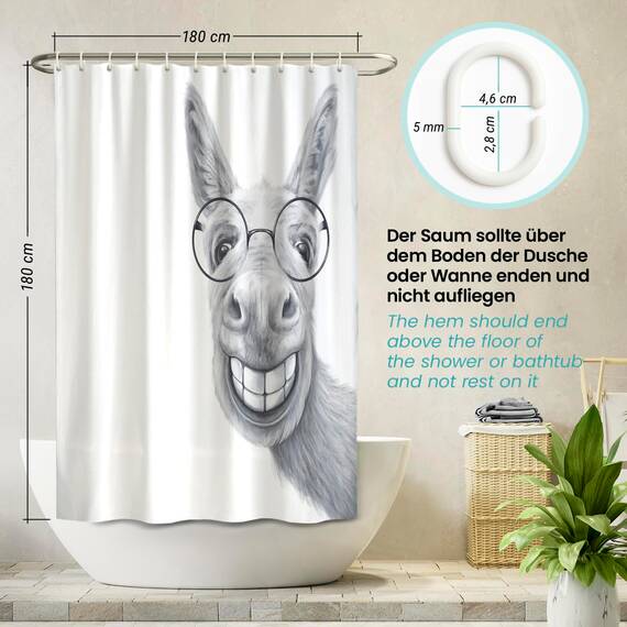 arteneur® - Esel - Anti-Schimmel Duschvorhang 180x180 - Recycelt mit Öko-Tex Standard 100 - Beschwerter Saum, Blickdicht, Wasserdicht, Waschbar, 12 Ringe & E-Book