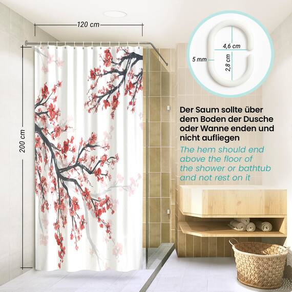 arteneur® - Kirschblüte - Anti-Schimmel Duschvorhang 120x200 - Recycelt mit Öko-Tex Standard 100 - Beschwerter Saum, Blickdicht, Wasserdicht, Waschbar, 8 Ringe