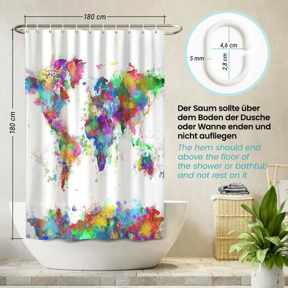 arteneur® - Weltkarte - Anti-Schimmel Duschvorhang 180x180 - Recycelt mit Öko-Tex Standard 100 - Beschwerter Saum, Blickdicht, Wasserdicht, Waschbar, 12 Ringe & E-Book